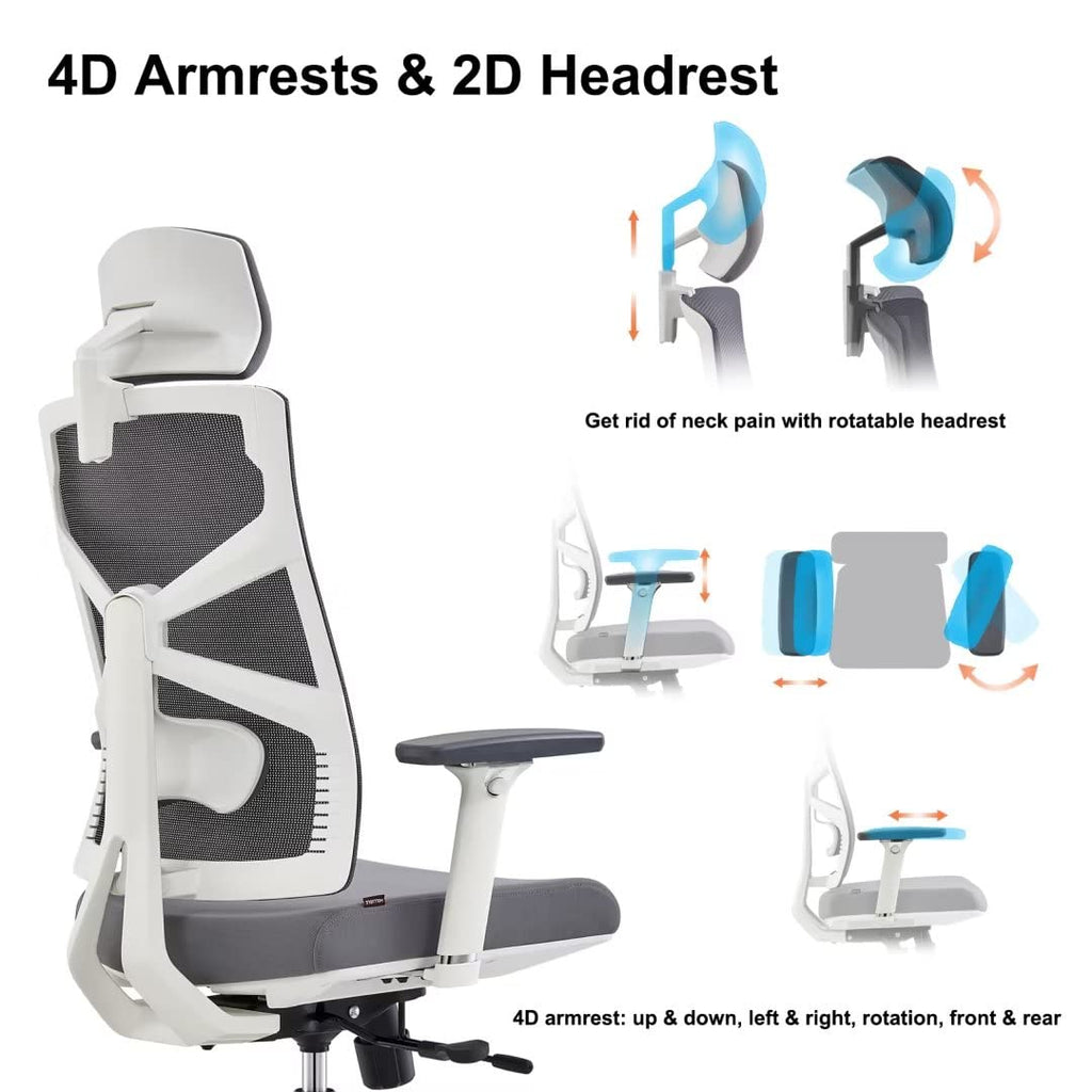 HOLLUDLE Silla de Oficina Ergonómica con Respaldo Adaptativo, Mesa y Silla de Escritorio de Alto Respaldo con Reposabrazos 4D, Profundidad de Asiento Ajustable, Soporte Lumbar y Reposacabezas 2D
