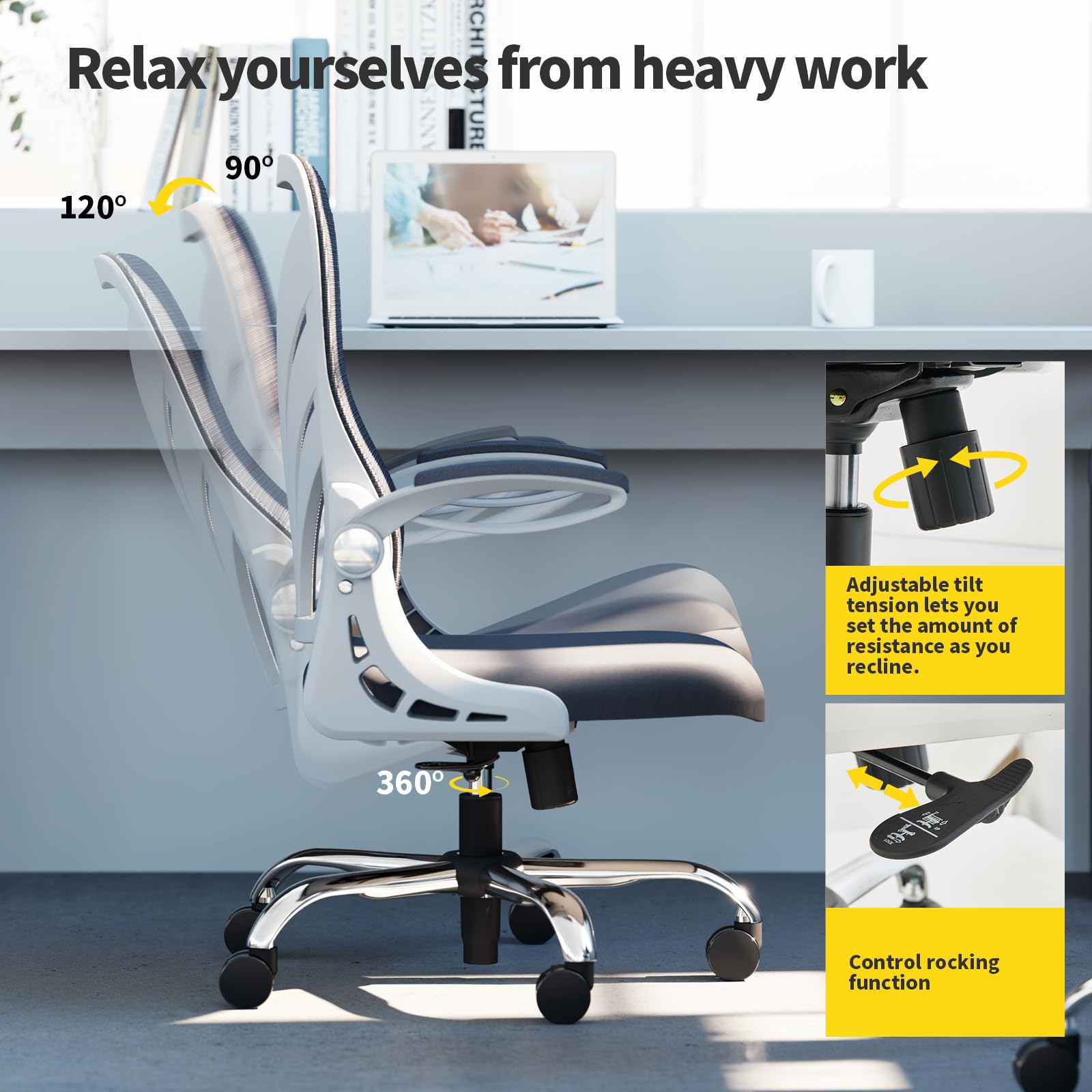 HOLLUDLE Silla de Oficina Ergonómica con Respaldo Plegable, con Reposabrazos, Asiento Ancho y Soporte Lumbar de Malla, Giratoria Ejecutiva para Computadora, Blanco