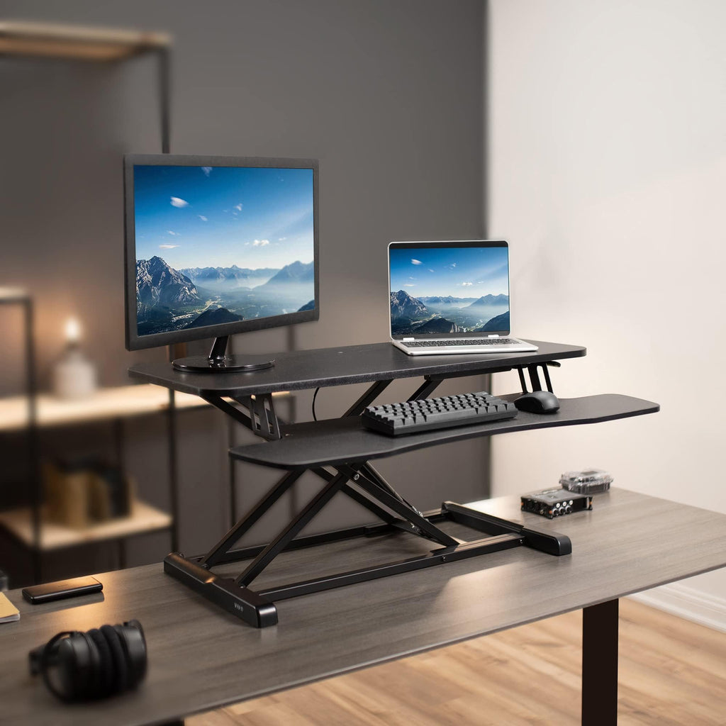 Vivo DESK-V036KB Escritorio con altura ajustable, estación de trabajo de pie o sentado para dos monitores y portátil, con bandeja para teclado amplia, negro, 91,4 cm