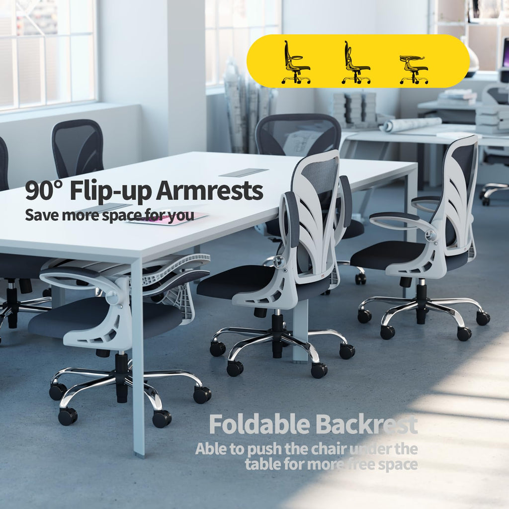 HOLLUDLE Silla de Oficina Ergonómica con Respaldo Plegable, con Reposabrazos, Asiento Ancho y Soporte Lumbar de Malla, Giratoria Ejecutiva para Computadora, Blanco
