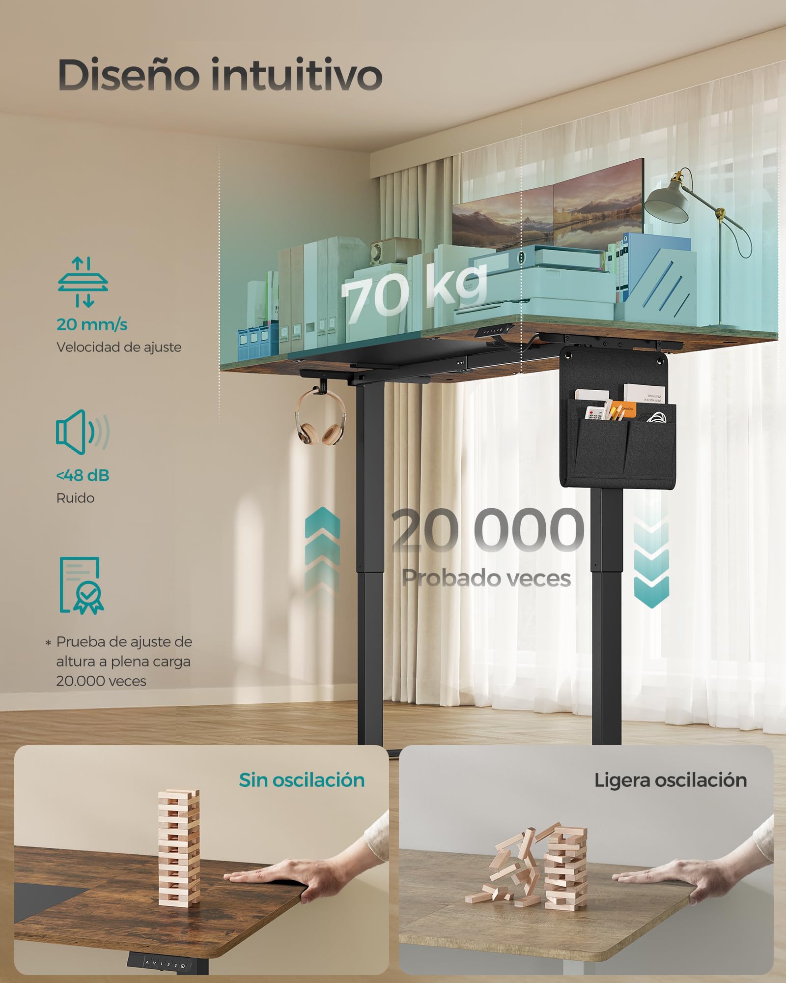 SONGMICS Escritorio Eléctrico, Regulable en Altura, 180 x 80 cm, Regulación Continua, 4 Alturas de Memoria, Puerto USB-C, Marrón Vintage y Negro Mate LSD028KD01