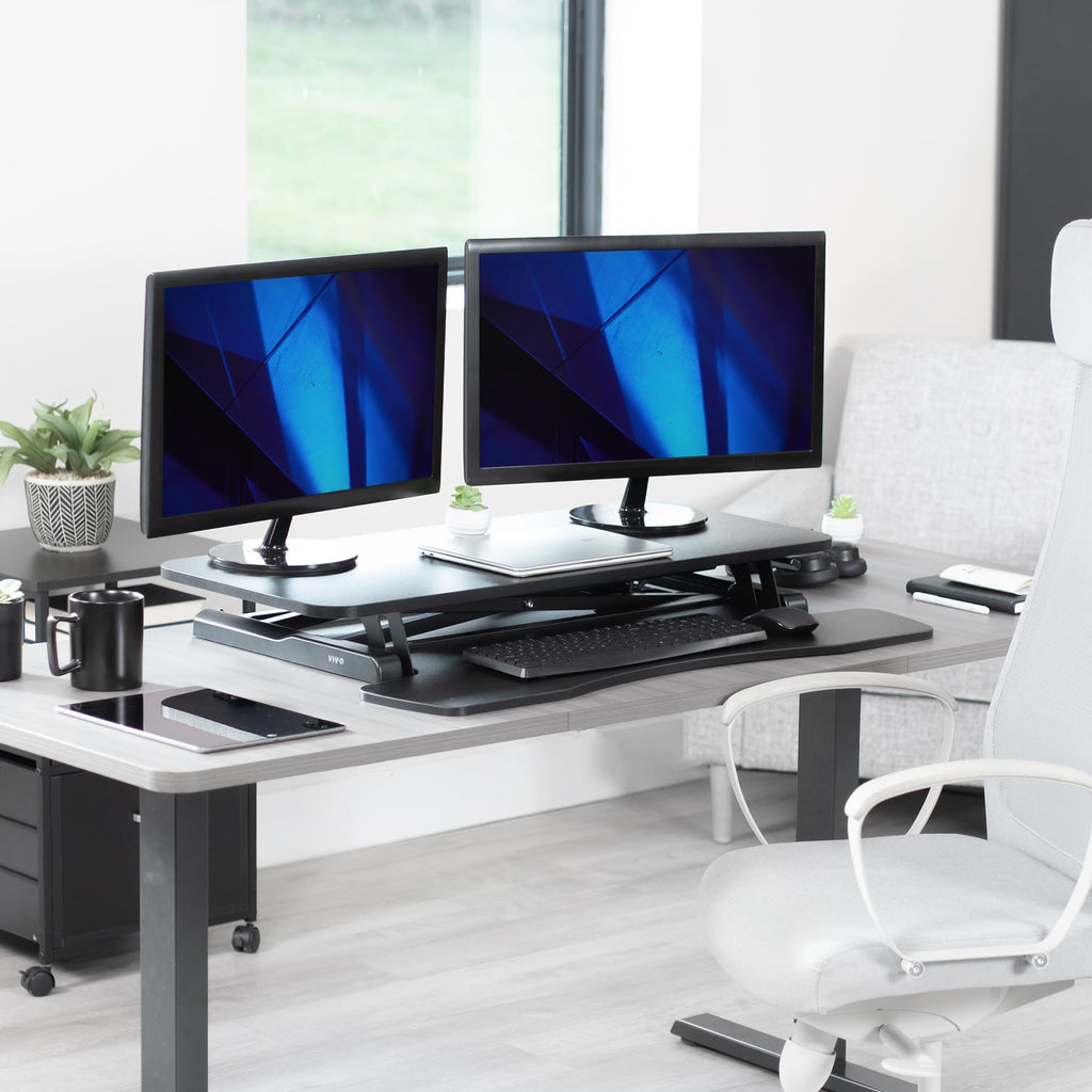 Vivo DESK-V036KB Escritorio con altura ajustable, estación de trabajo de pie o sentado para dos monitores y portátil, con bandeja para teclado amplia, negro, 91,4 cm