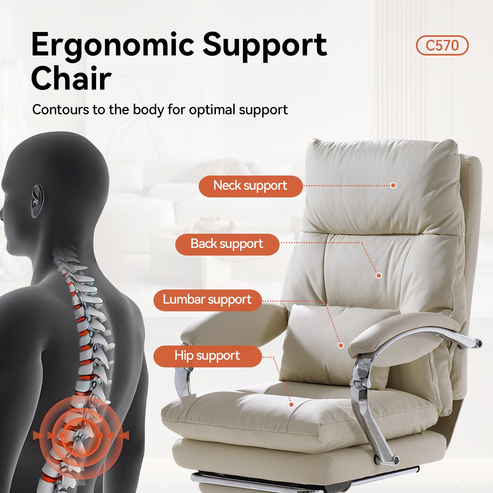 EMIAH Silla de Oficina Ejecutiva con Reposapiés,Silla de Escritorio con Reposabrazos,Silla Ergonómica Acolchado Reclinable de Cuero PU con Ruedas,Silla de Ordenador Giratoria con Cojín Grueso, Beige