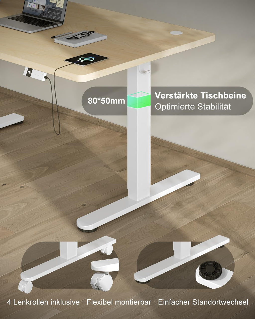 Devoko Escritorio Elevable 160x80cm con Tablero de 18 mm, Ruedas y Puerto Type-C, Escritorio Eléctrico, Regulable en Altura con Bandeja de Gestión de Cables (Beige)