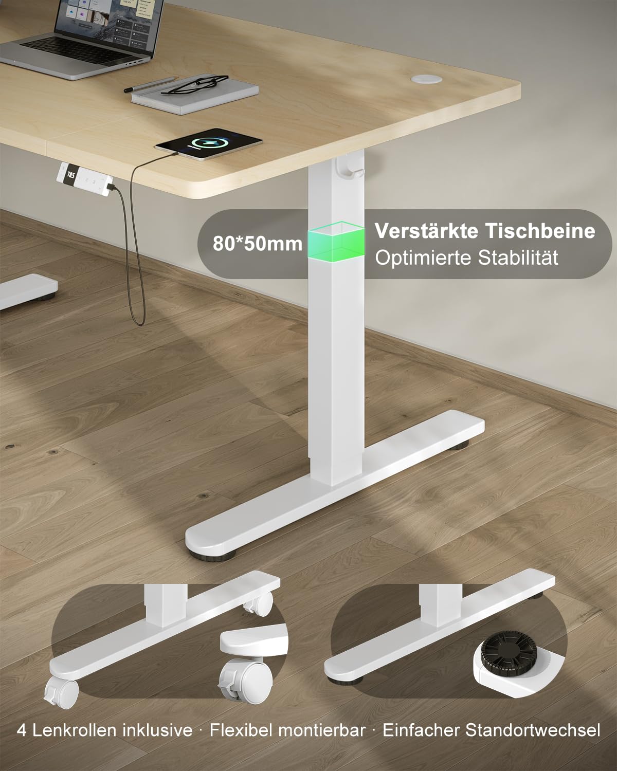 Devoko Escritorio Elevable 160x80cm con Tablero de 18 mm, Ruedas y Puerto Type-C, Escritorio Eléctrico, Regulable en Altura con Bandeja de Gestión de Cables (Beige)
