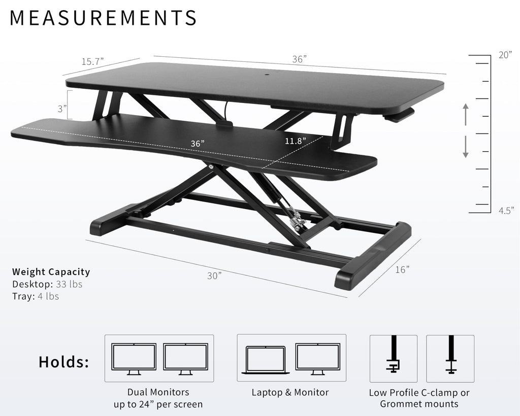 Vivo DESK-V036KB Escritorio con altura ajustable, estación de trabajo de pie o sentado para dos monitores y portátil, con bandeja para teclado amplia, negro, 91,4 cm