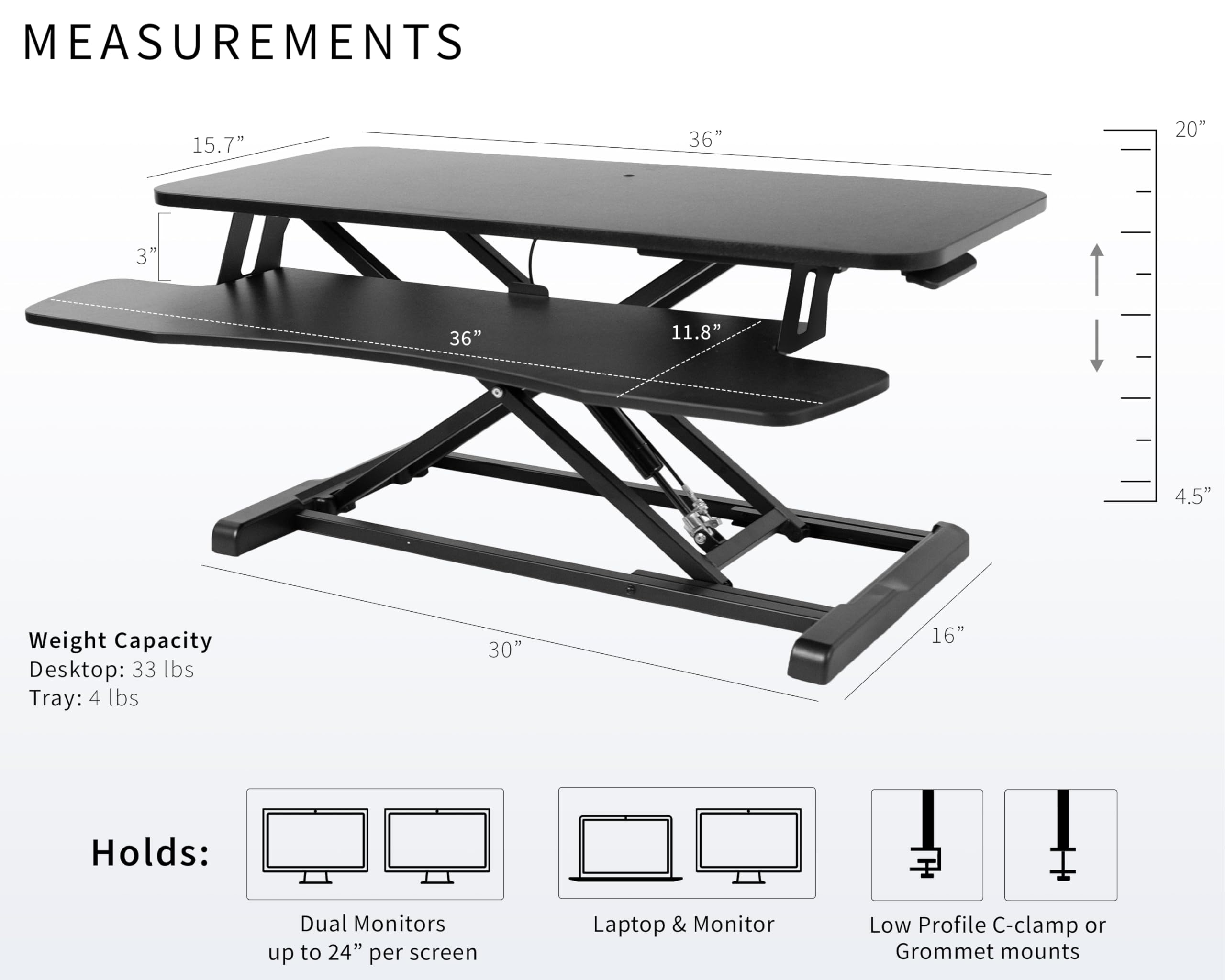 Vivo DESK-V036KB Escritorio con altura ajustable, estación de trabajo de pie o sentado para dos monitores y portátil, con bandeja para teclado amplia, negro, 91,4 cm