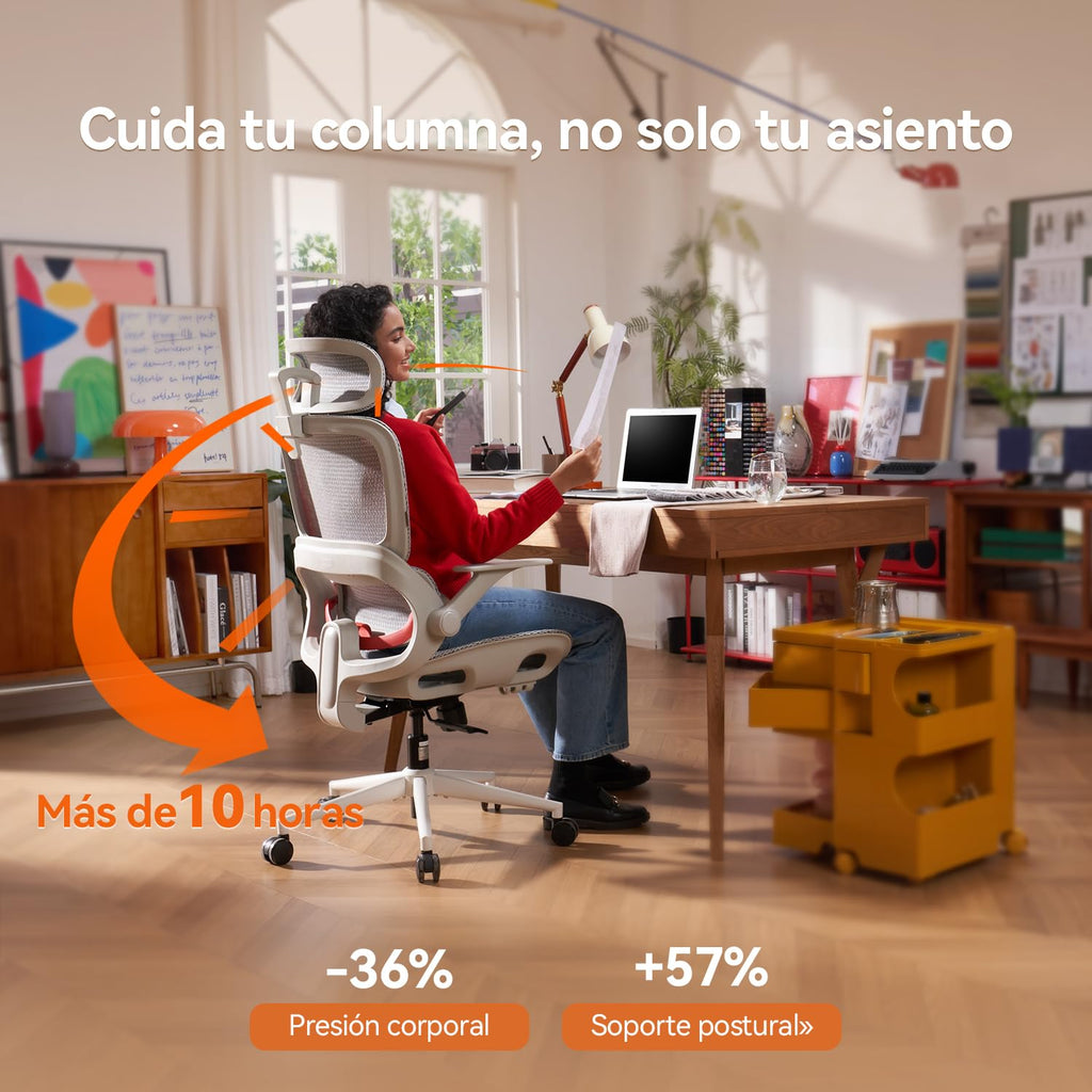 SIHOO Silla de Oficina ergonómica B100, cómoda Silla de Escritorio con Soporte Lumbar dinámico adaptativo, Silla de computadora con reposacabezas, reposabrazos abatibles (Blanca sin reposapiés)