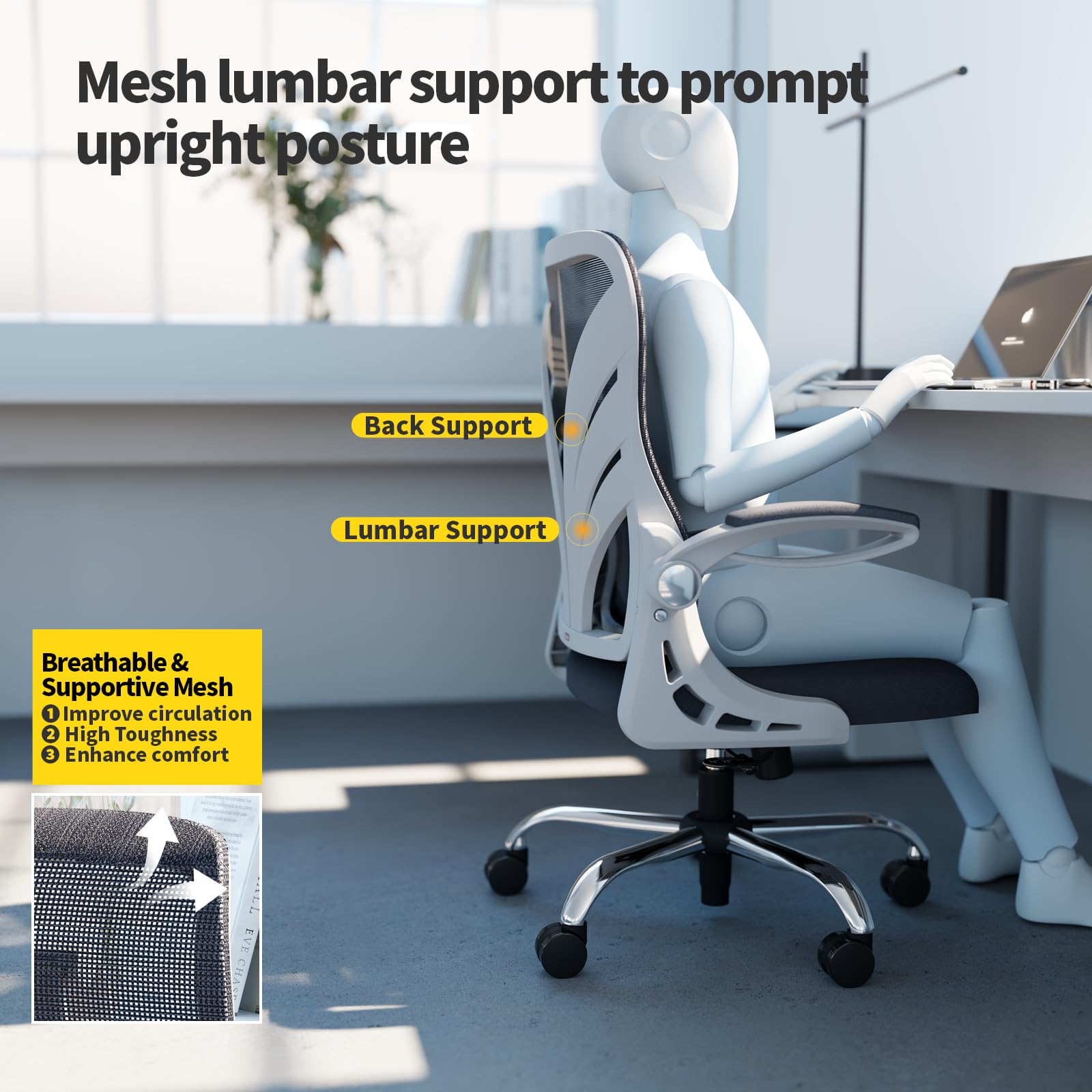 HOLLUDLE Silla de Oficina Ergonómica con Respaldo Plegable, con Reposabrazos, Asiento Ancho y Soporte Lumbar de Malla, Giratoria Ejecutiva para Computadora, Blanco