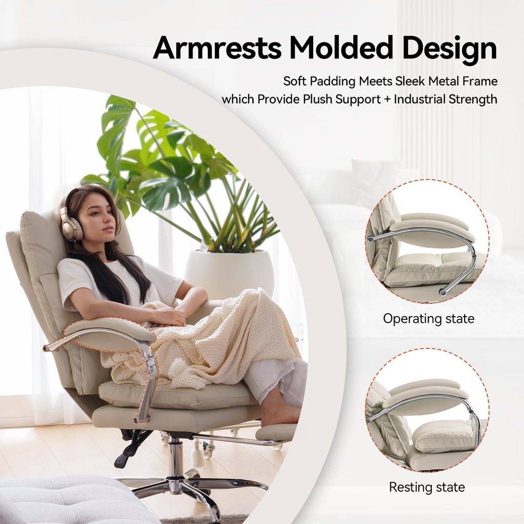 EMIAH Silla de Oficina Ejecutiva con Reposapiés,Silla de Escritorio con Reposabrazos,Silla Ergonómica Acolchado Reclinable de Cuero PU con Ruedas,Silla de Ordenador Giratoria con Cojín Grueso, Beige