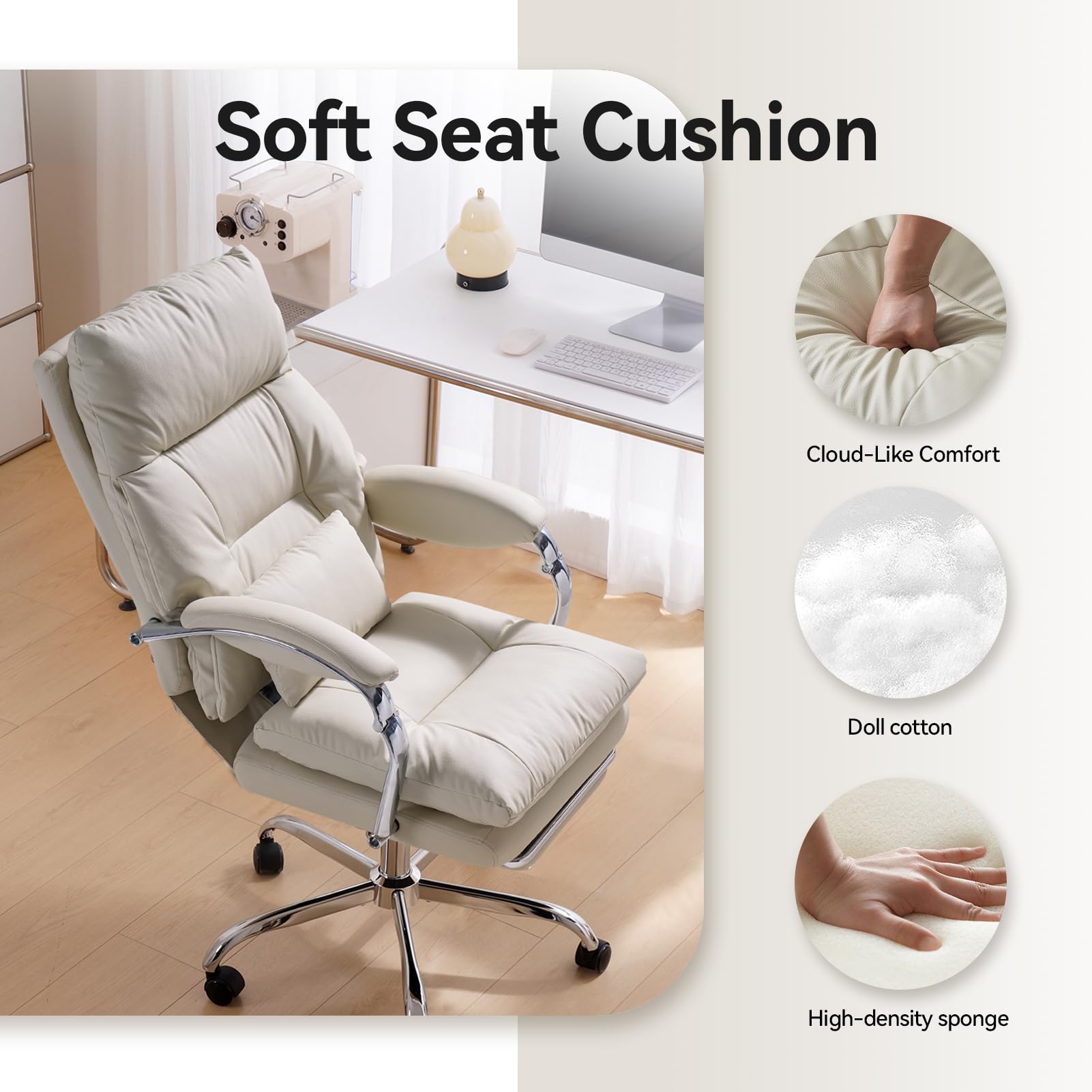 EMIAH Silla de Oficina Ejecutiva con Reposapiés,Silla de Escritorio con Reposabrazos,Silla Ergonómica Acolchado Reclinable de Cuero PU con Ruedas,Silla de Ordenador Giratoria con Cojín Grueso, Beige