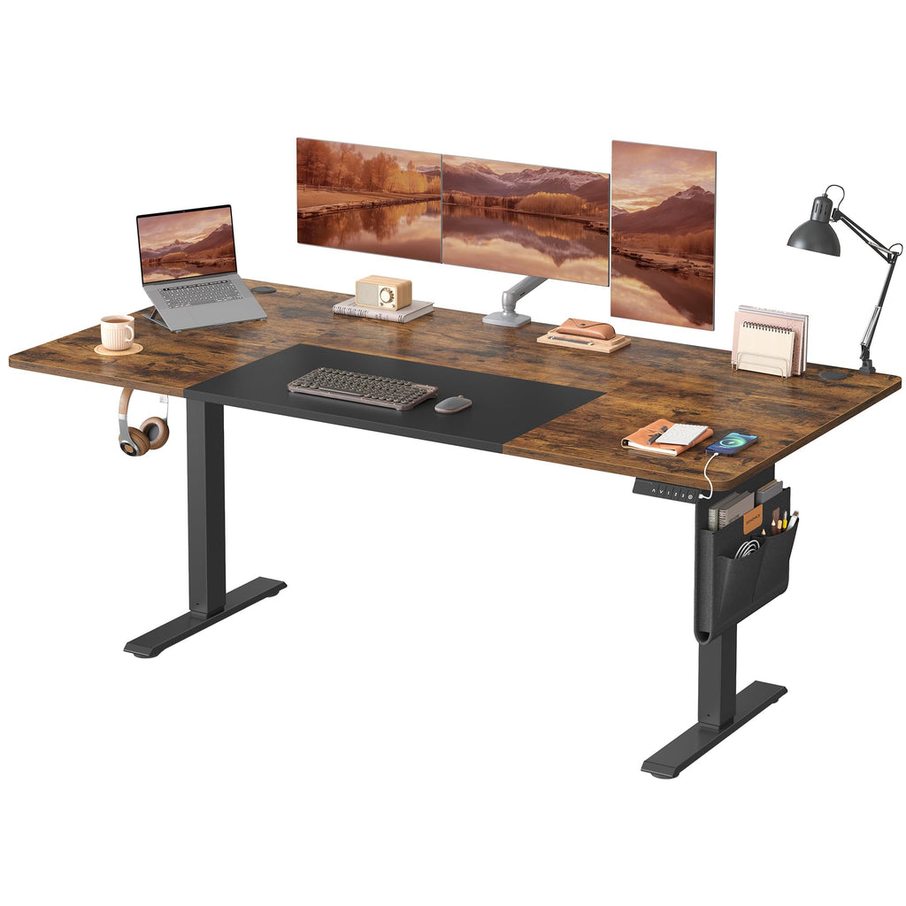SONGMICS Escritorio Eléctrico, Regulable en Altura, 180 x 80 cm, Regulación Continua, 4 Alturas de Memoria, Puerto USB-C, Marrón Vintage y Negro Mate LSD028KD01