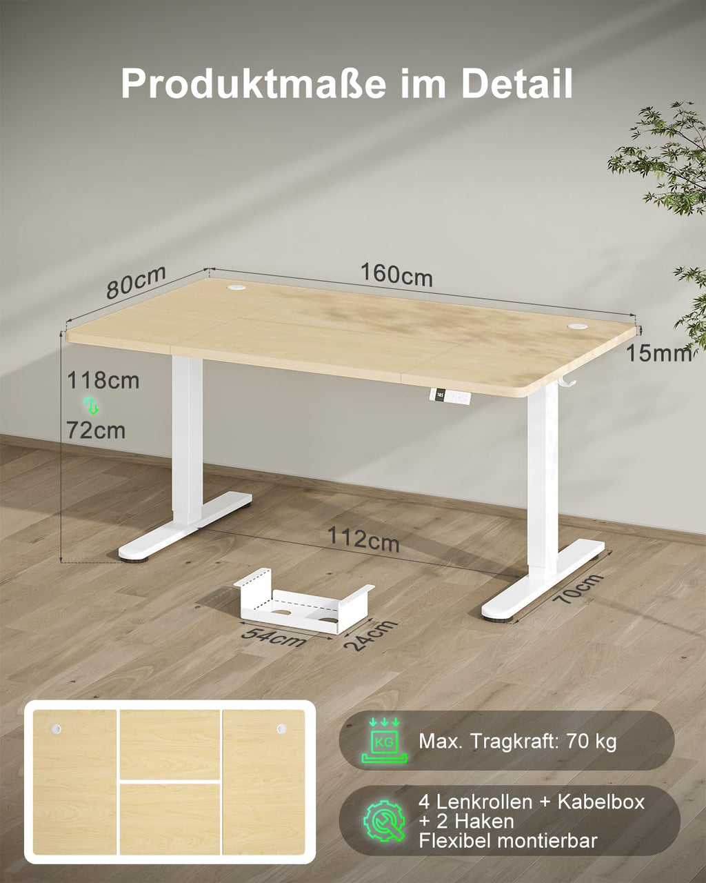 Devoko Escritorio Elevable 160x80cm con Tablero de 18 mm, Ruedas y Puerto Type-C, Escritorio Eléctrico, Regulable en Altura con Bandeja de Gestión de Cables (Beige)