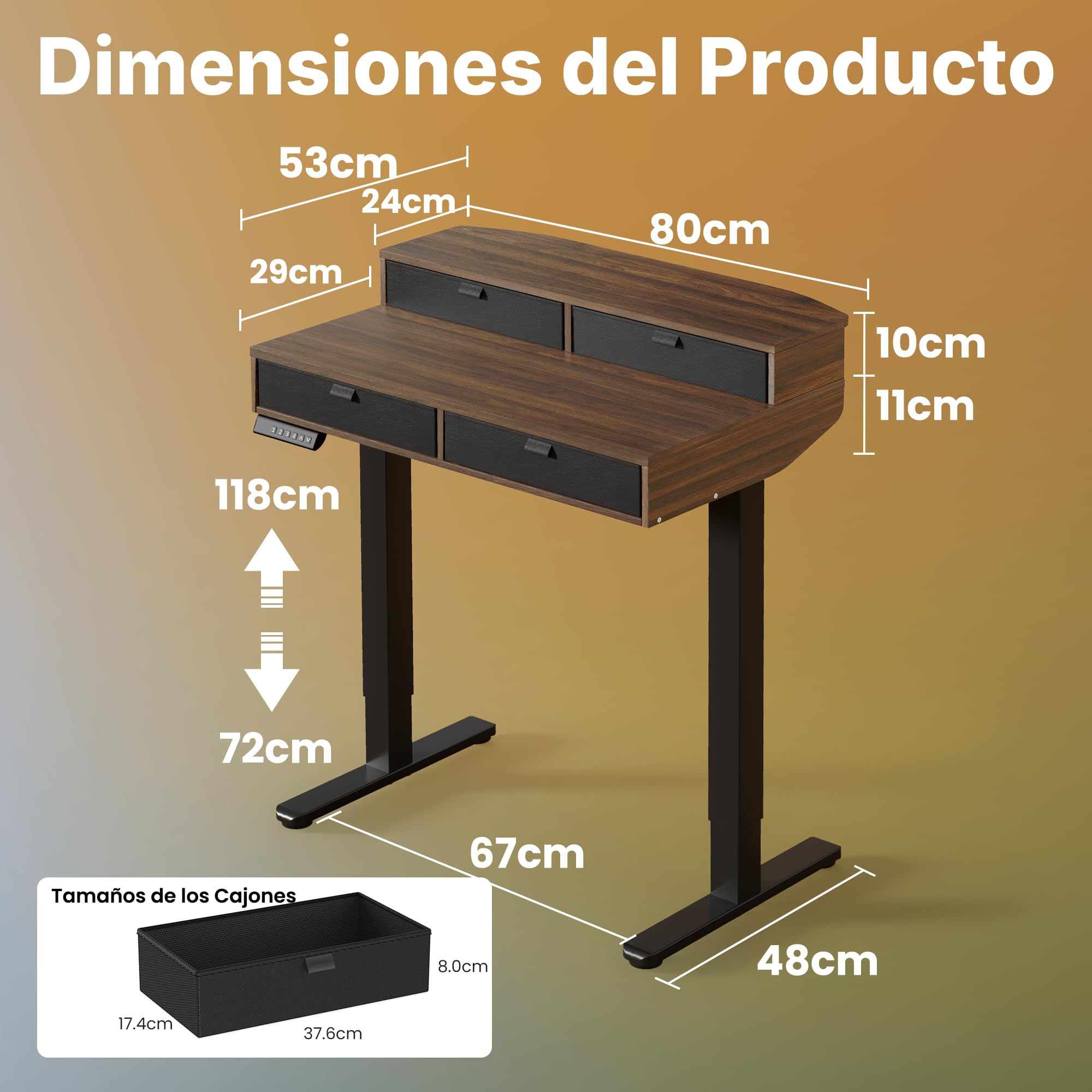 HUANUO Escritorio Elevable Pequeñ 80 x 53 cm con Cajones 4 Niveles Memor