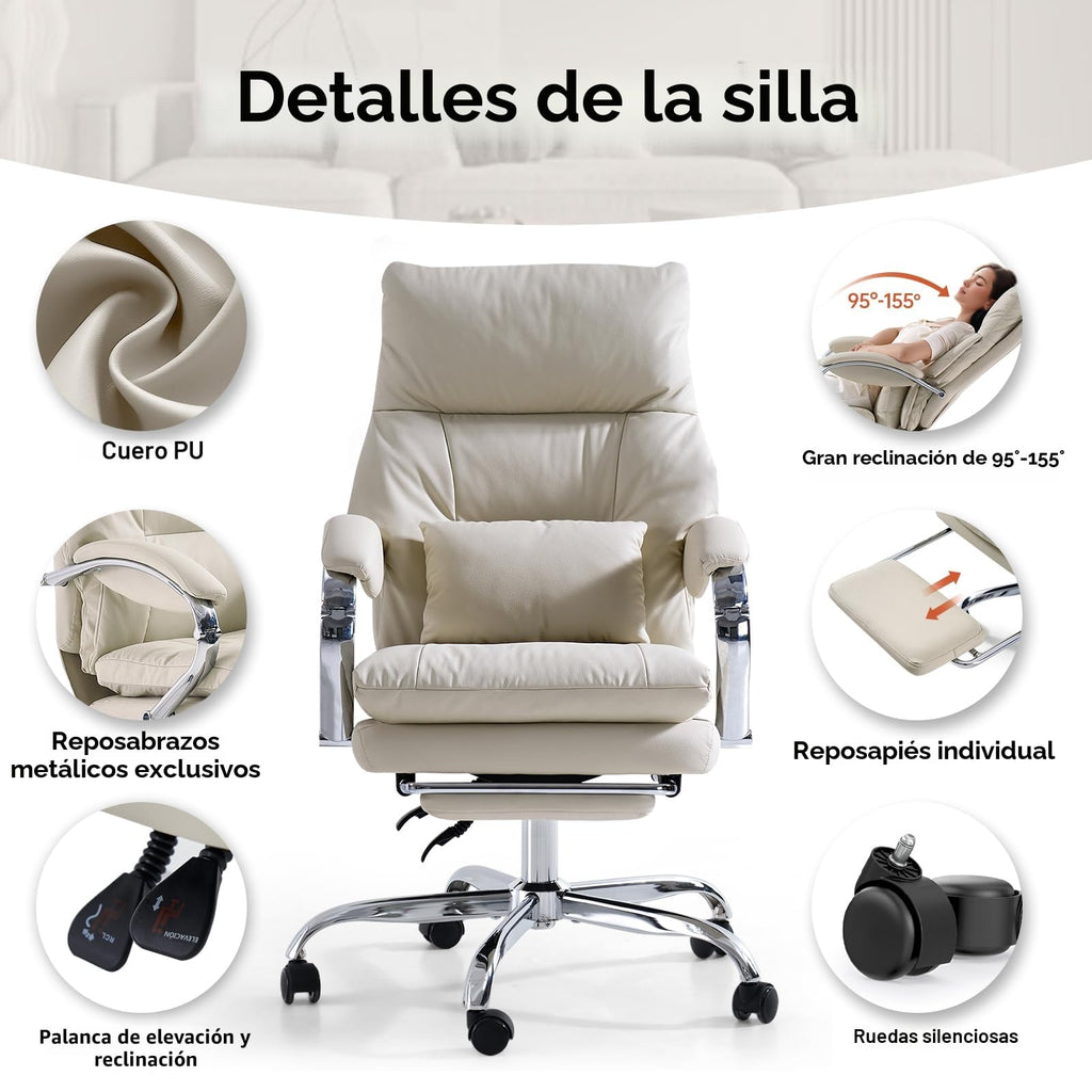 EMIAH Silla de Oficina Ejecutiva con Reposapiés,Silla de Escritorio con Reposabrazos,Silla Ergonómica Acolchado Reclinable de Cuero PU con Ruedas,Silla de Ordenador Giratoria con Cojín Grueso, Beige