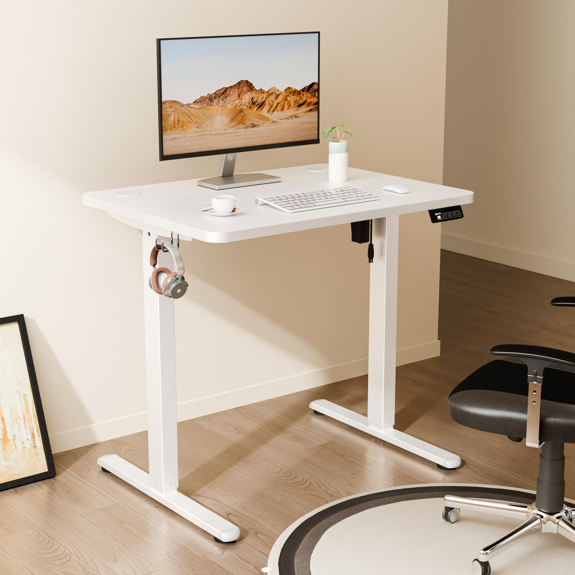 ERGOMAKER Escritorio Elevable Eléctrico 80x60 cm, Mesa Elevable con Tablero de Empalme, Mesa Escritorio Ajustable para Oficina y Hogar, Blanco