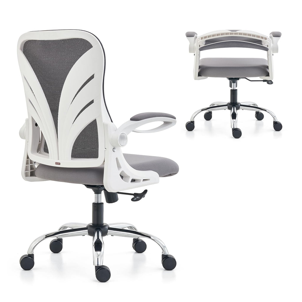 HOLLUDLE Silla de Oficina Ergonómica con Respaldo Plegable, con Reposabrazos, Asiento Ancho y Soporte Lumbar de Malla, Giratoria Ejecutiva para Computadora, Blanco