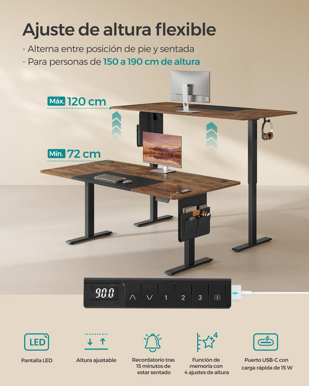 SONGMICS Escritorio Eléctrico, Regulable en Altura, 180 x 80 cm, Regulación Continua, 4 Alturas de Memoria, Puerto USB-C, Marrón Vintage y Negro Mate LSD028KD01