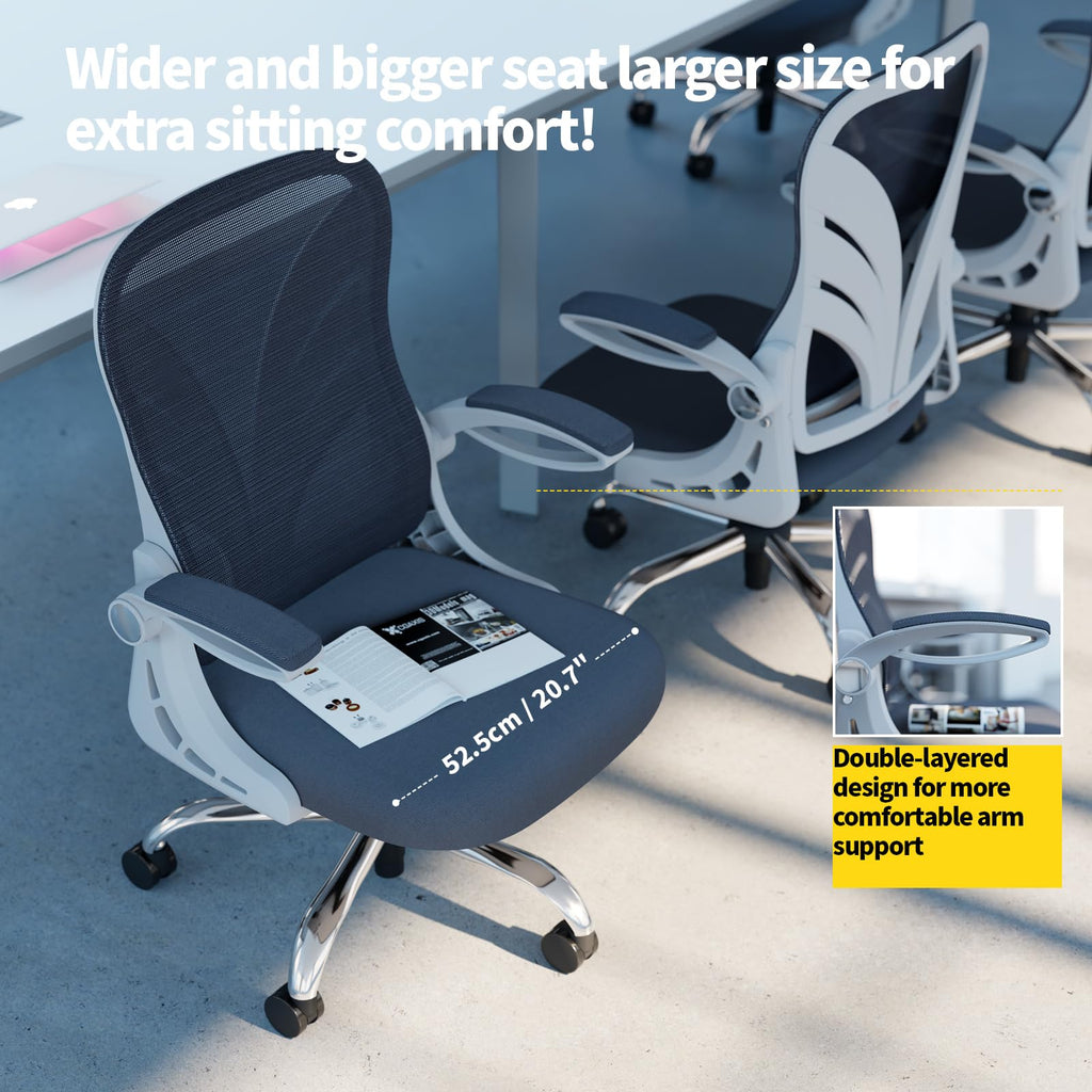 HOLLUDLE Silla de Oficina Ergonómica con Respaldo Plegable, con Reposabrazos, Asiento Ancho y Soporte Lumbar de Malla, Giratoria Ejecutiva para Computadora, Blanco