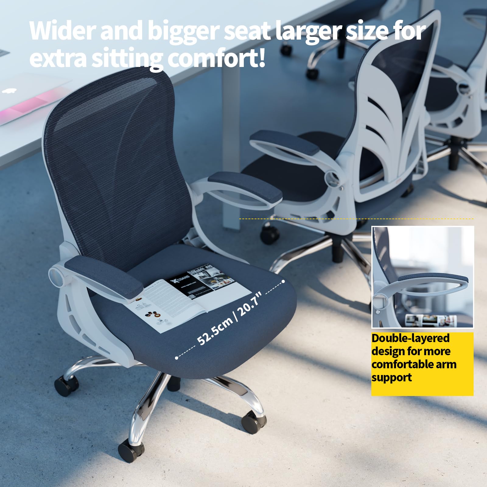 HOLLUDLE Silla de Oficina Ergonómica con Respaldo Plegable, con Reposabrazos, Asiento Ancho y Soporte Lumbar de Malla, Giratoria Ejecutiva para Computadora, Blanco