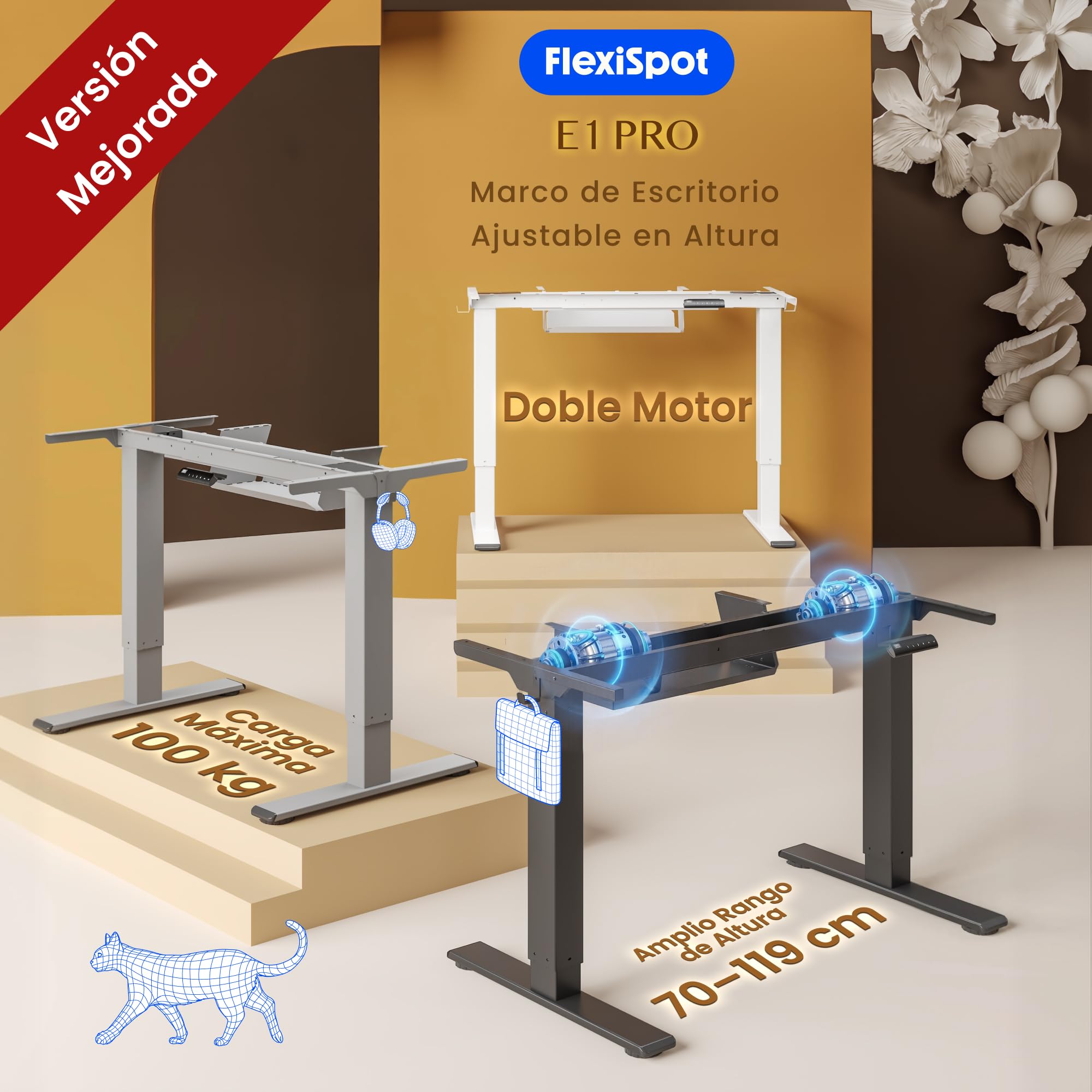 FLEXISPOT E1 Pro Escritorio Elevable Eléctrico con 2 Motores y 2 Patas Escritorio Ajustable en Altura de Acero con 4 Funciones de Memoria Standing Desk, Carga de 100kg(Marco en Blanco)