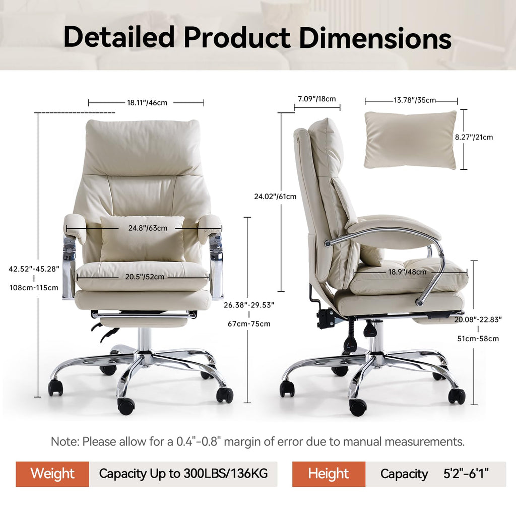 EMIAH Silla de Oficina Ejecutiva con Reposapiés,Silla de Escritorio con Reposabrazos,Silla Ergonómica Acolchado Reclinable de Cuero PU con Ruedas,Silla de Ordenador Giratoria con Cojín Grueso, Beige