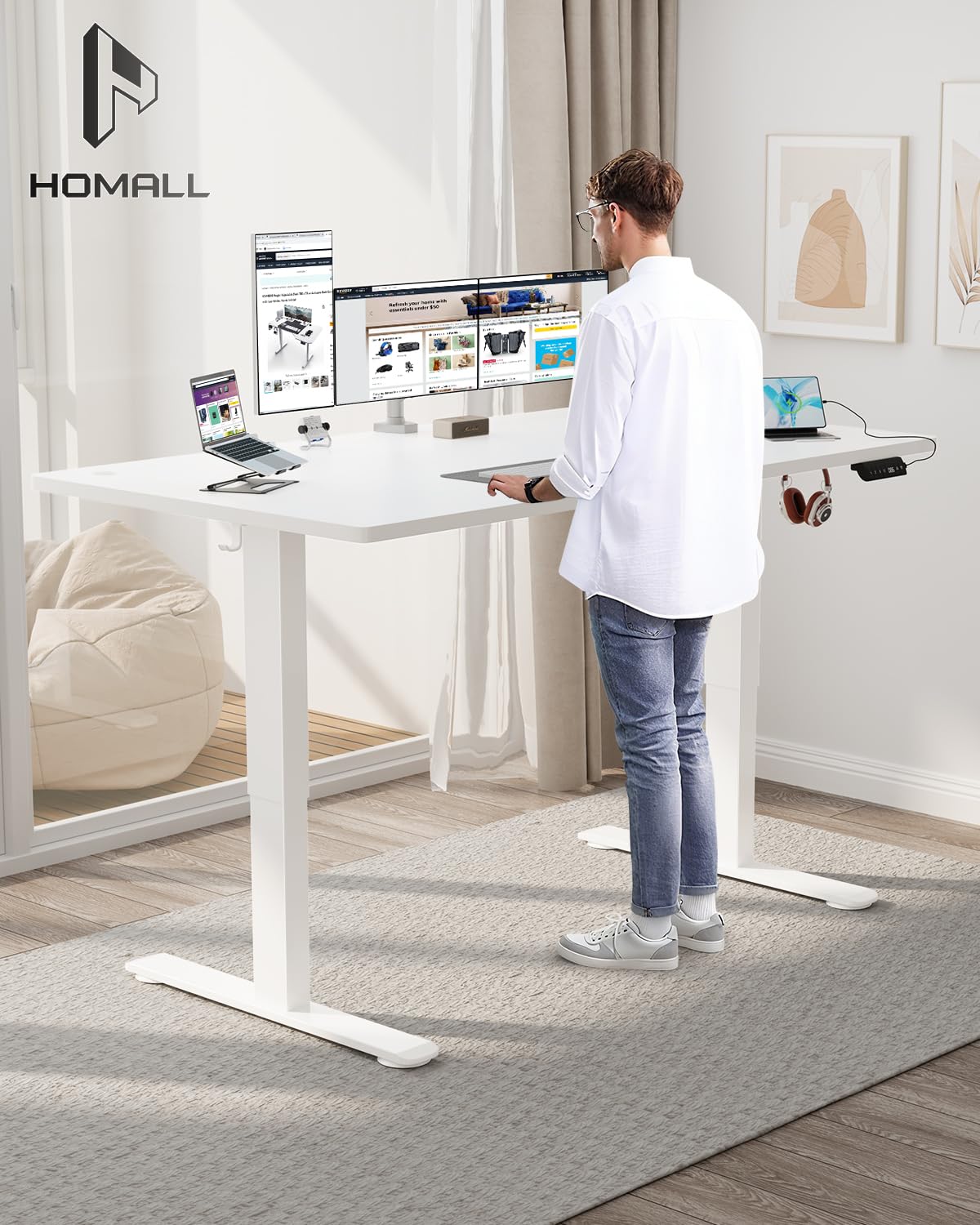 Homall Escritorio de Altura Regulable de 160 x 80 cm con Puerto de Carga USB-A, Escritorio eléctrico con Bandeja de gestión de Cables, Escritorio de pie con 3 Funciones de Memoria, Escritorio para