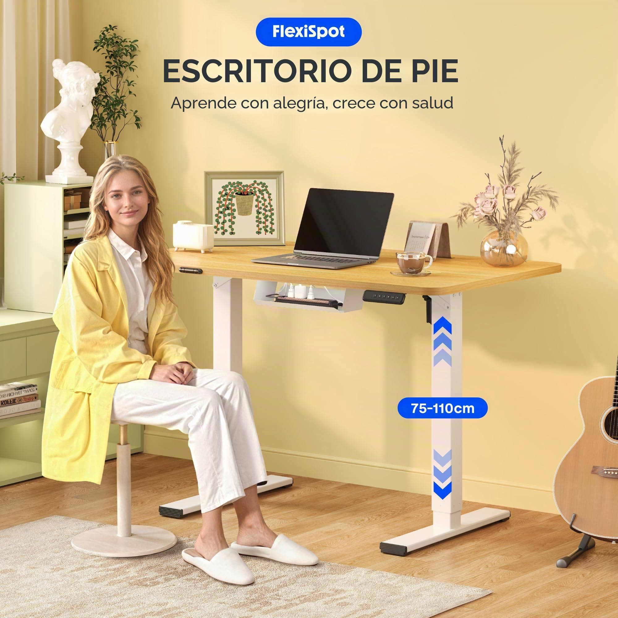 FLEXISPOT Escritorio Elevable Eléctrico 100x60cm, Mesa Escritorio Tablero Entero con Memoria, Sistema Anticolisión, para Oficina, Casa,Teletrabajo y Zona Compacta, Arce