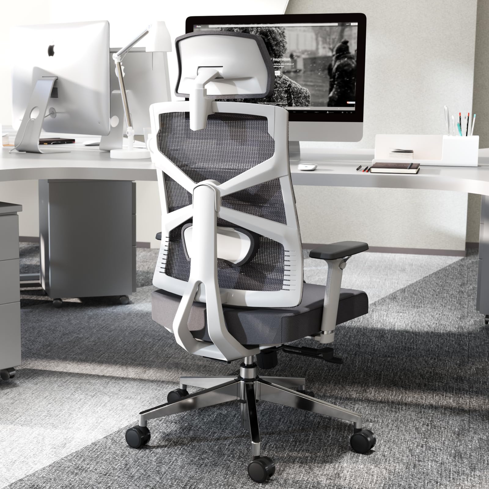 HOLLUDLE Silla de Oficina Ergonómica con Respaldo Adaptativo, Mesa y Silla de Escritorio de Alto Respaldo con Reposabrazos 4D, Profundidad de Asiento Ajustable, Soporte Lumbar y Reposacabezas 2D