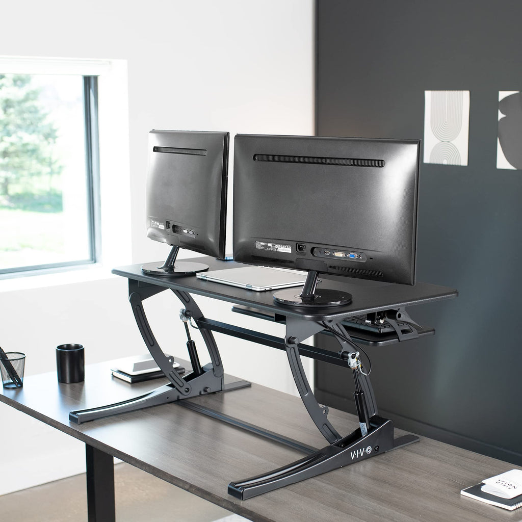 VIVO Convertidor de Escritorio de Altura Ajustable 91 cm, Elevador de Monitor Dual con Bandeja de Teclado, Negro