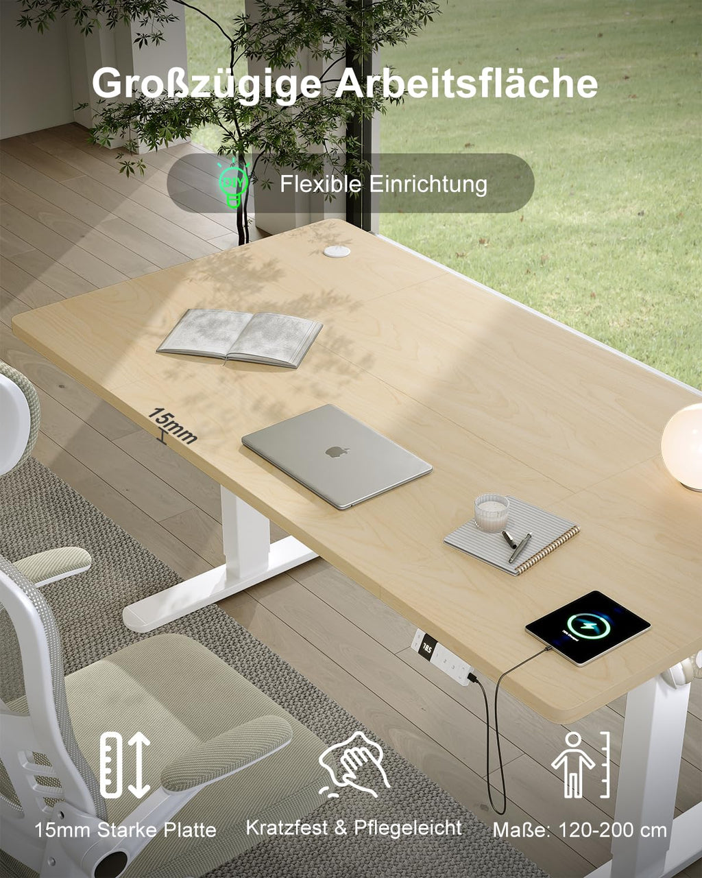 Devoko Escritorio Elevable 160x80cm con Tablero de 18 mm, Ruedas y Puerto Type-C, Escritorio Eléctrico, Regulable en Altura con Bandeja de Gestión de Cables (Beige)