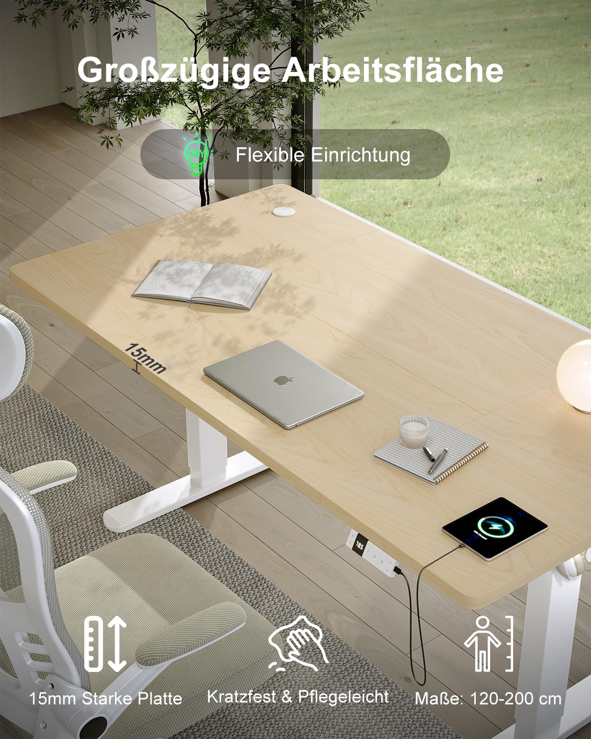 Devoko Escritorio Elevable 160x80cm con Tablero de 18 mm, Ruedas y Puerto Type-C, Escritorio Eléctrico, Regulable en Altura con Bandeja de Gestión de Cables (Beige)