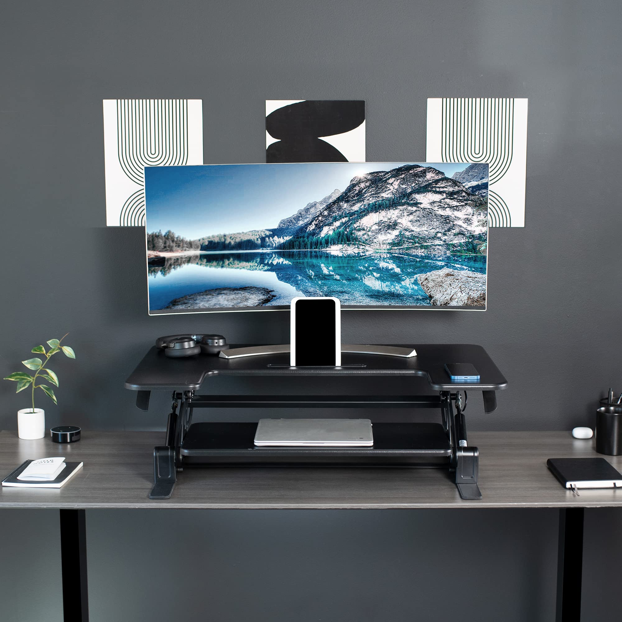 VIVO Convertidor de Escritorio de Altura Ajustable 91 cm, Elevador de Monitor Dual con Bandeja de Teclado, Negro