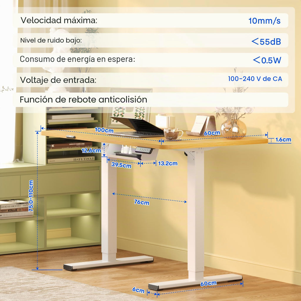FLEXISPOT Escritorio Elevable Eléctrico 100x60cm, Mesa Escritorio Tablero Entero con Memoria, Sistema Anticolisión, para Oficina, Casa,Teletrabajo y Zona Compacta, Arce