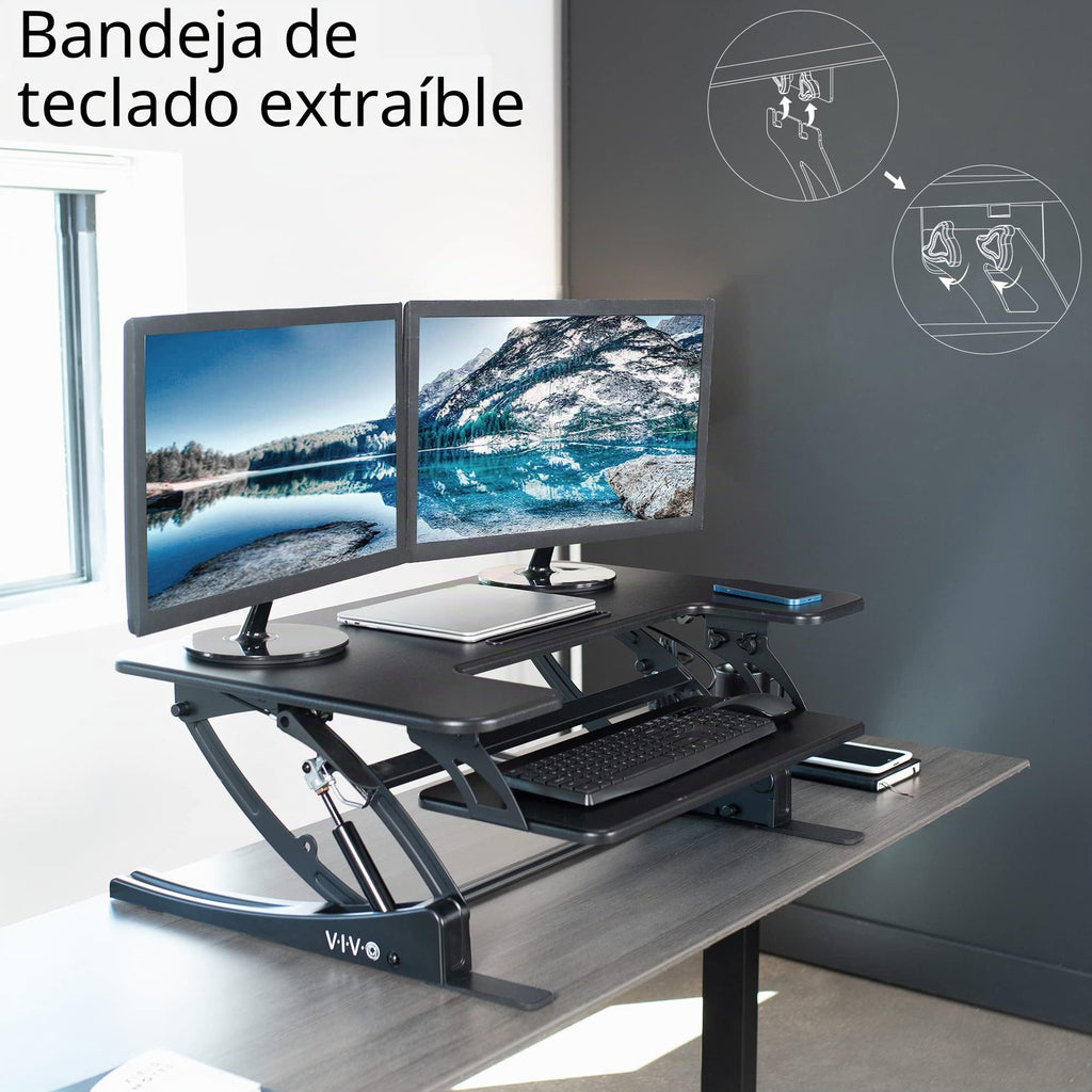 VIVO Convertidor de Escritorio de Altura Ajustable 91 cm, Elevador de Monitor Dual con Bandeja de Teclado, Negro