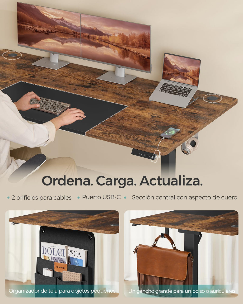 SONGMICS Escritorio Eléctrico, Regulable en Altura, 180 x 80 cm, Regulación Continua, 4 Alturas de Memoria, Puerto USB-C, Marrón Vintage y Negro Mate LSD028KD01