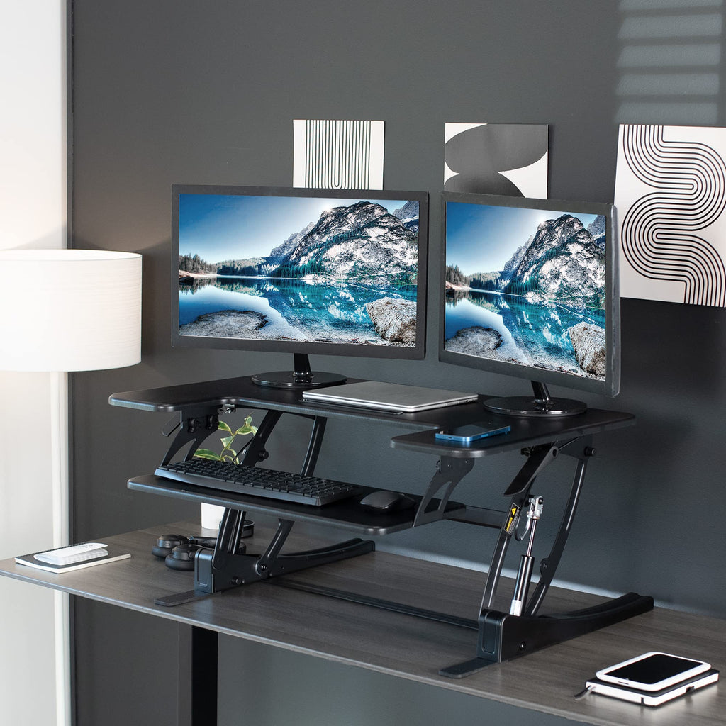 VIVO Convertidor de Escritorio de Altura Ajustable 91 cm, Elevador de Monitor Dual con Bandeja de Teclado, Negro
