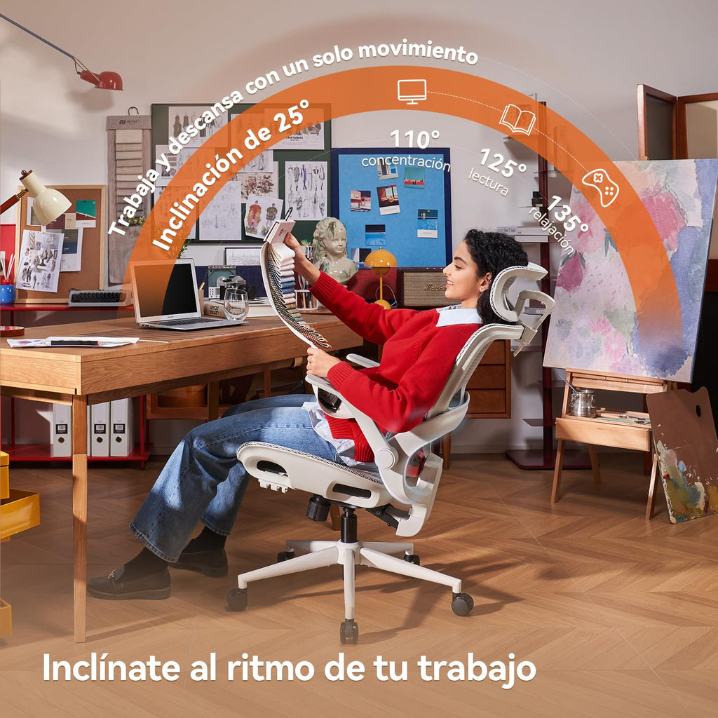 SIHOO Silla de Oficina ergonómica B100, cómoda Silla de Escritorio con Soporte Lumbar dinámico adaptativo, Silla de computadora con reposacabezas, reposabrazos abatibles (Blanca sin reposapiés)