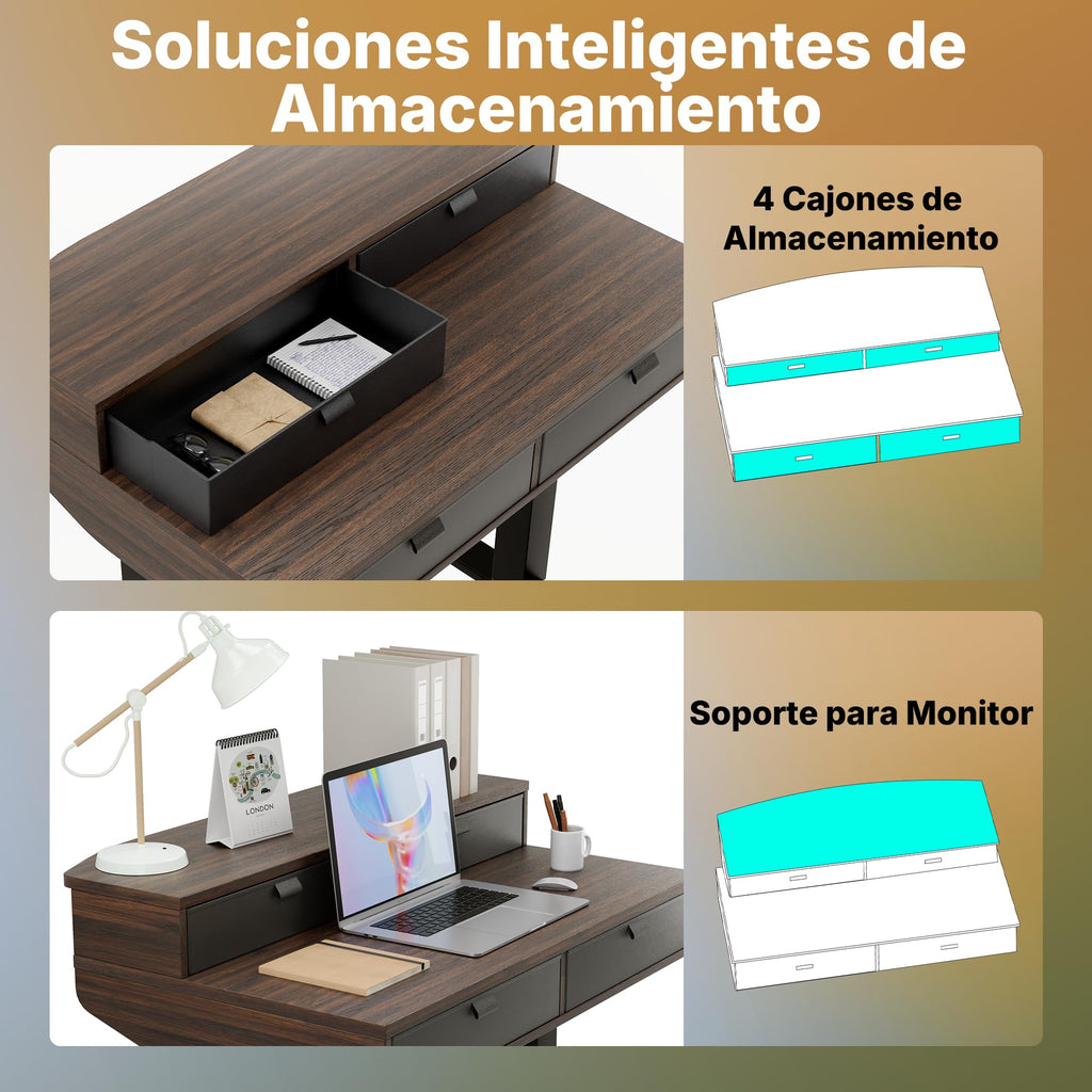 HUANUO Escritorio Elevable Pequeñ 80 x 53 cm con Cajones 4 Niveles Memor