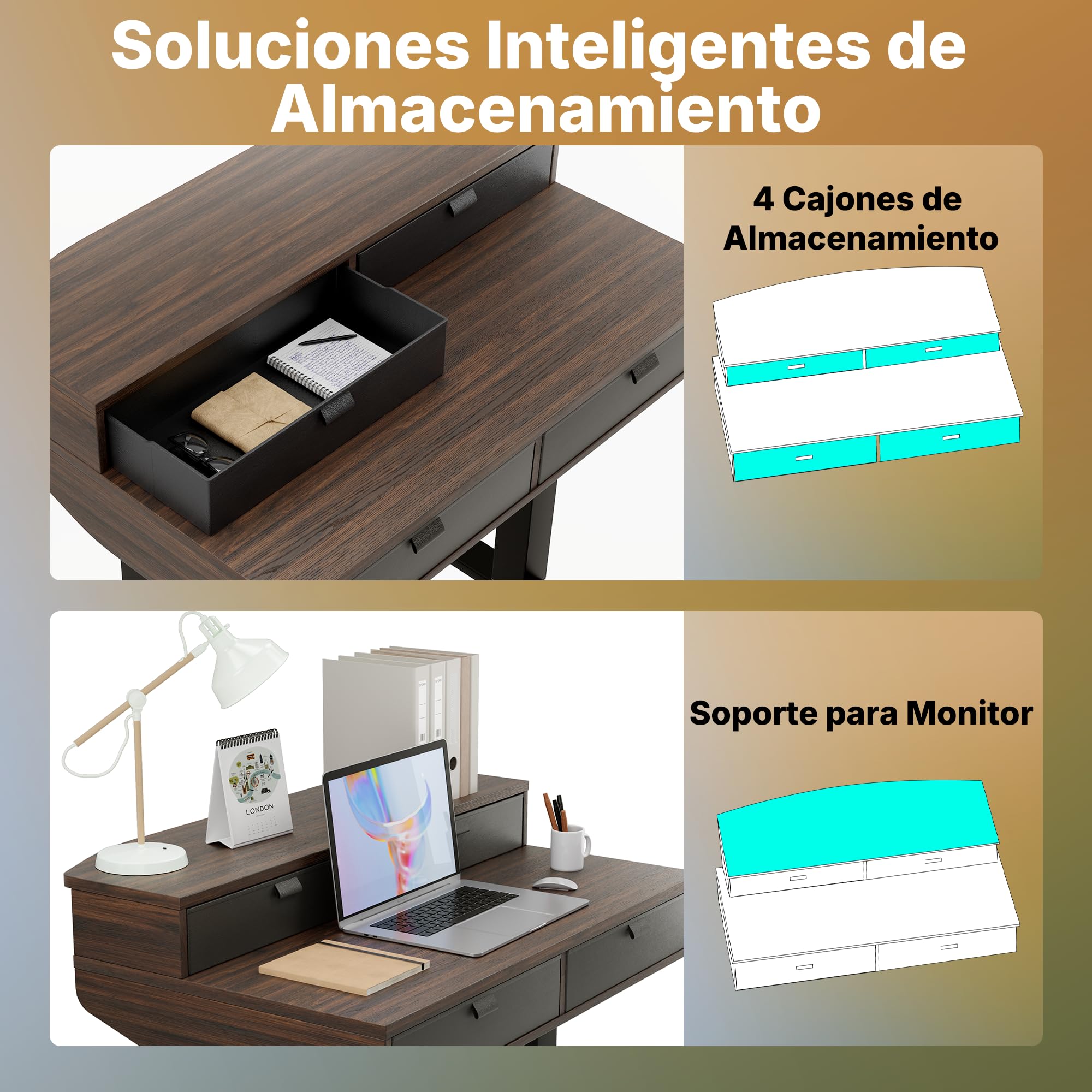 HUANUO Escritorio Elevable Pequeñ 80 x 53 cm con Cajones 4 Niveles Memor