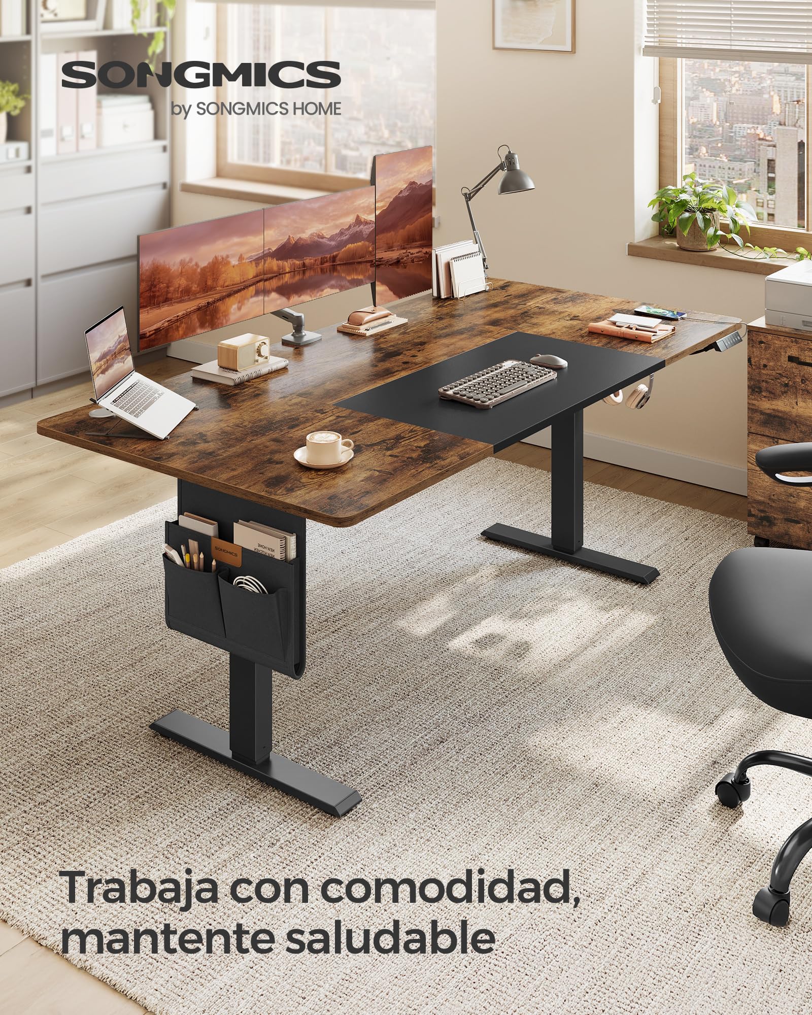 SONGMICS Escritorio Eléctrico, Regulable en Altura, 180 x 80 cm, Regulación Continua, 4 Alturas de Memoria, Puerto USB-C, Marrón Vintage y Negro Mate LSD028KD01